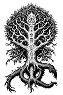 Yggdrasil tree in center with nidhogg and runes tattoo design idea