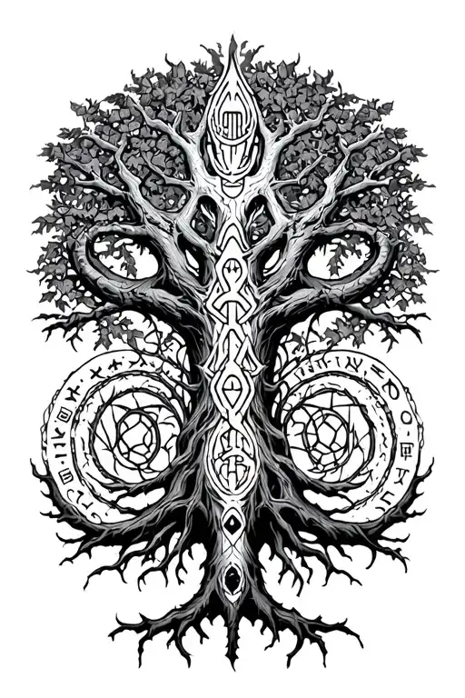 Yggdrasil tree in center with nidhogg and runes tattoo design idea
