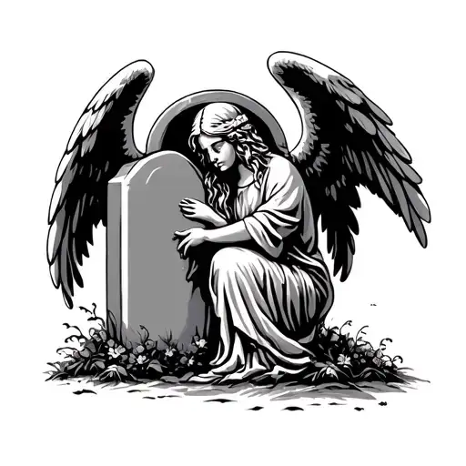 arch angel crying over a grave stone tattoo design idea