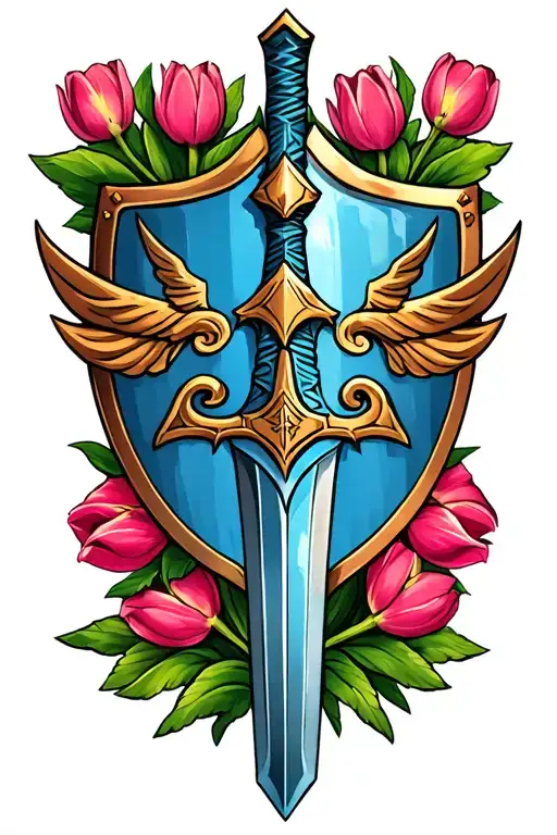 Can you create an image of hylian shield with the master sword. Can you add tulips around it. It's a tattoo for the fore tattoo design idea