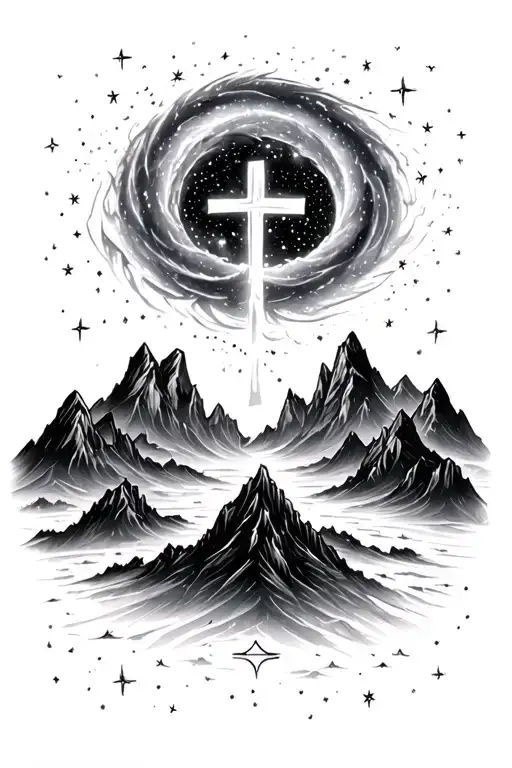 A nebula vortex swirls above the mountains, surrounded by a cross of stars. tattoo design idea
