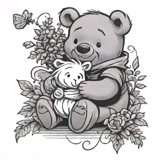 whinnie the Pooh holding hunny dripping in lilac bouquet tattoo design idea