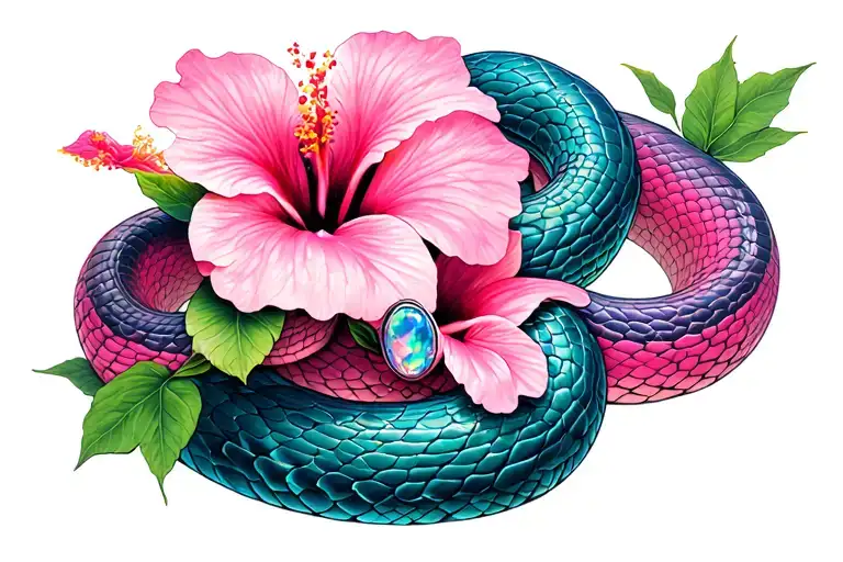 pink snake wrapping aroundmy collarbone with pink hibiscusflower and opals in the center  tattoo design idea