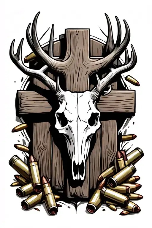 Generate a tattoo with a wood cross and a buck skull leaned on the right side of it with shotgun shells scattered around tattoo design idea