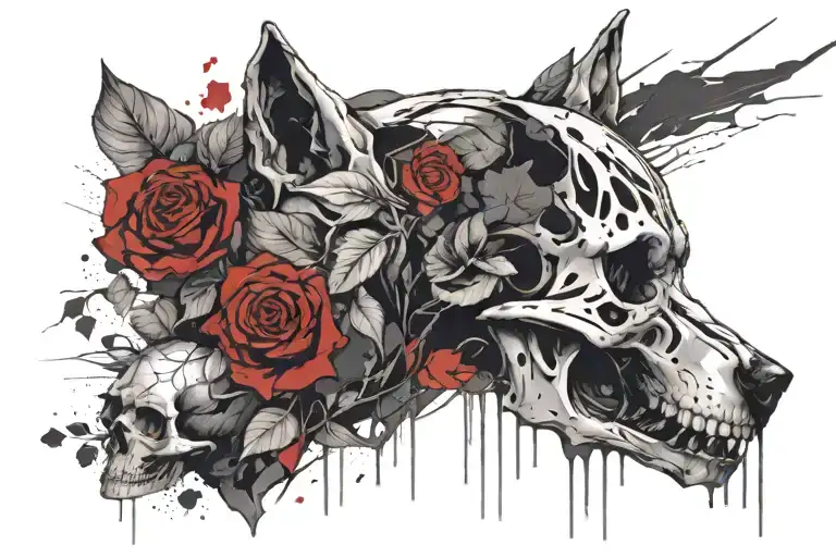 skull and wolf blended by roses tattoo design idea