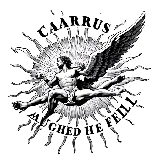 Icarus falling from the sun with the words "Icarus laughed as he fell" tattoo design idea