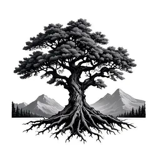 tall walnut tree with deep roots mountain in the background  tattoo design idea