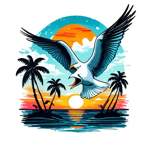 screaming seagull palm trees sunset tattoo design idea