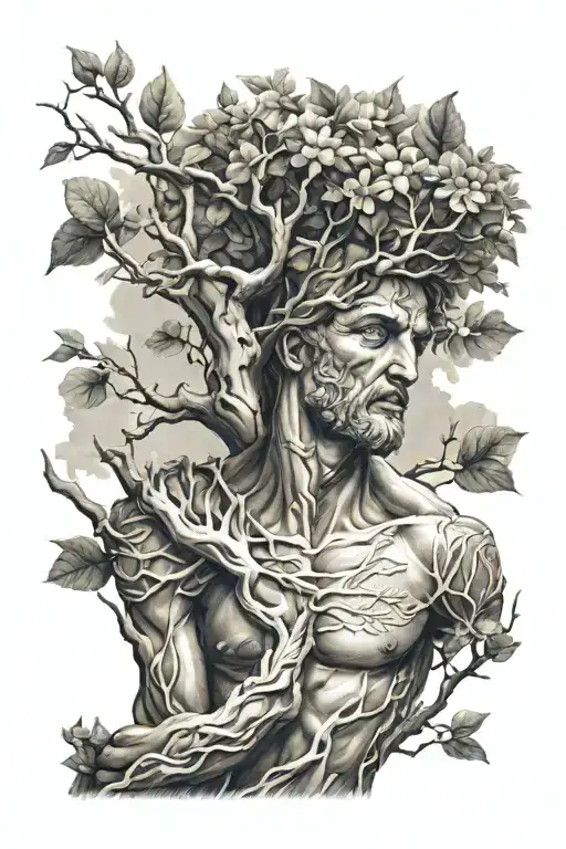 greek god arm sleeve with leafless tree growing under  tattoo design idea