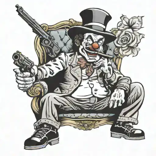 gangster clown, holding a AK 47, smoking a cigar, sitting down in a chair tattoo design idea