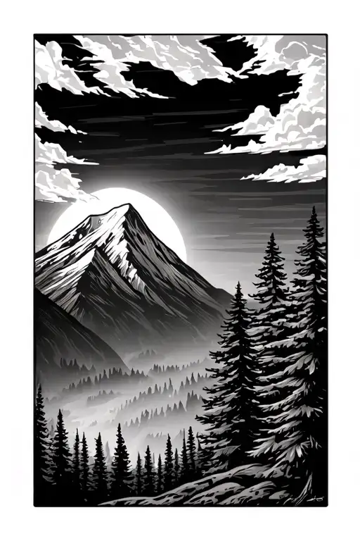 mount rainier and evergreen trees with sun rising behind mountain tattoo design idea