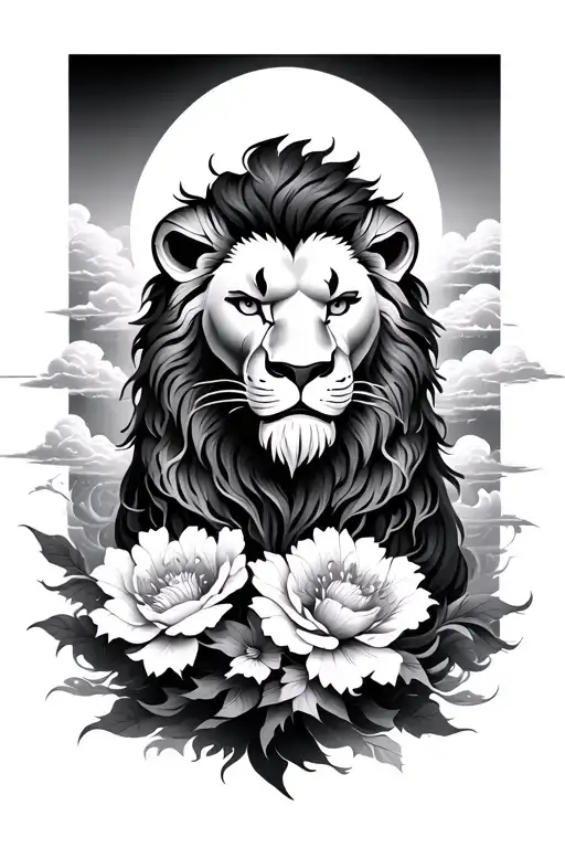Lion, flowers, japanese clouds, and japanese rising sun tattoo design idea