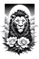 Lion, flowers, japanese clouds, and japanese rising sun tattoo design idea
