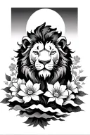 Lion, flowers, japanese clouds, and japanese rising sun tattoo design idea