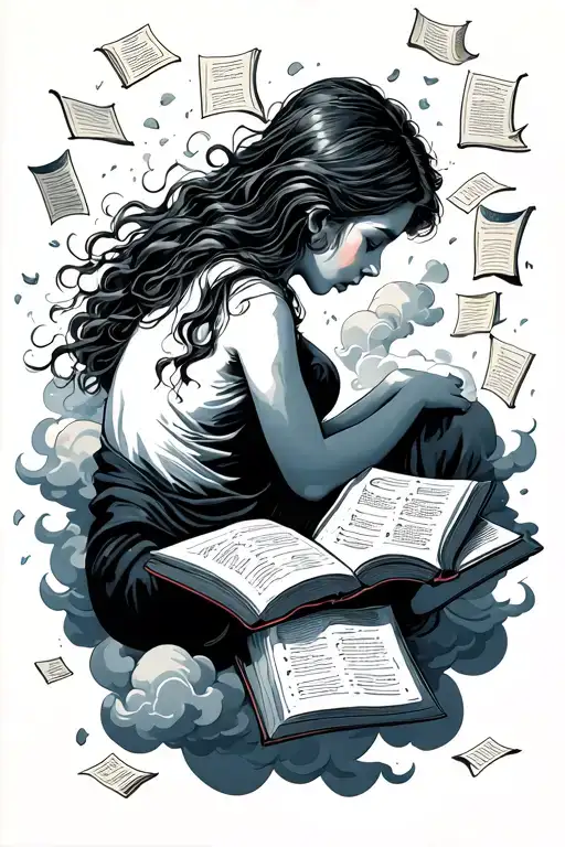 girls silhouette in almost fetal position falling through the clouds with her with books and papers storming around her. tattoo design idea