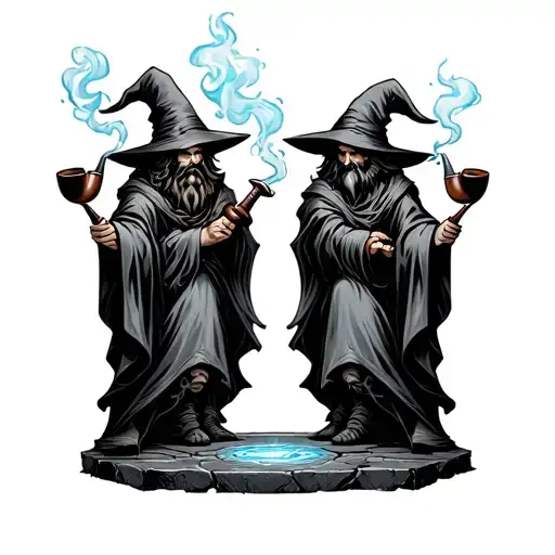 2 matching wizards smoking pipes in a portal tattoo design idea