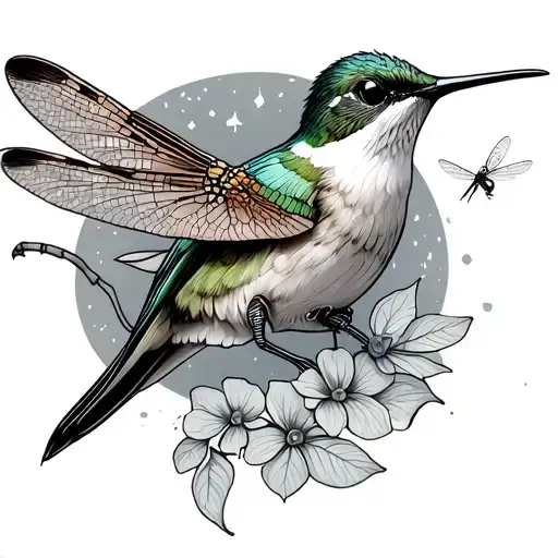 Hummingbird And Dragonfly perched tattoo design idea