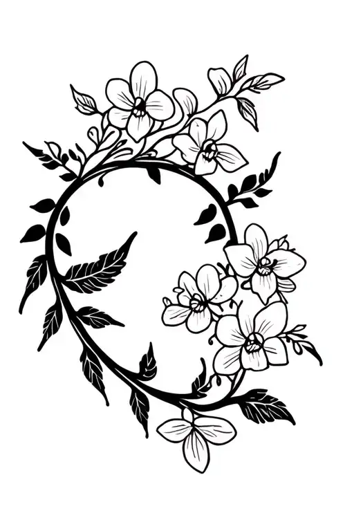 A bracelet black and White bohemian style tattoo with small orchids and ivy. tattoo design idea
