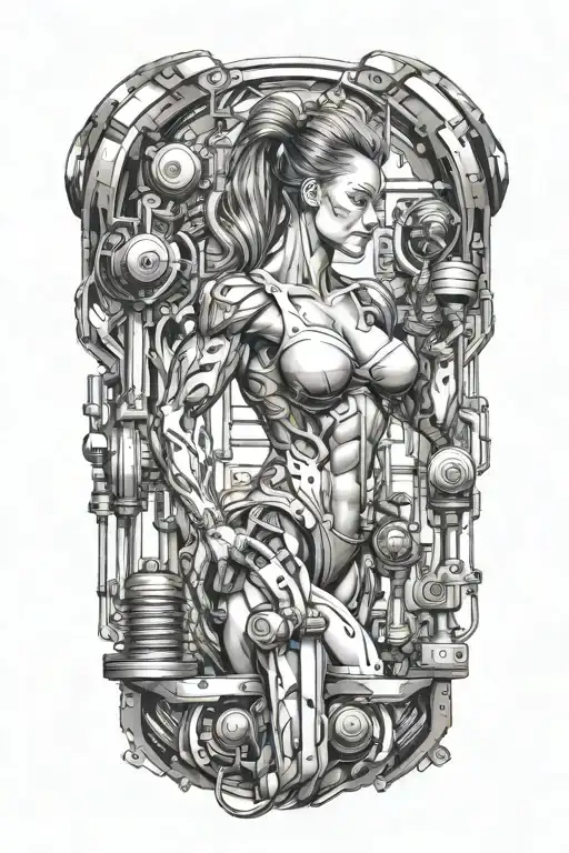 combine bodybuilding women with dumbell with technology circuits tattoo design idea