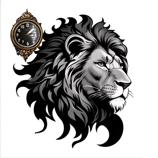 full sleeve with lion and 2 clocks depicting 11:03 tattoo design idea