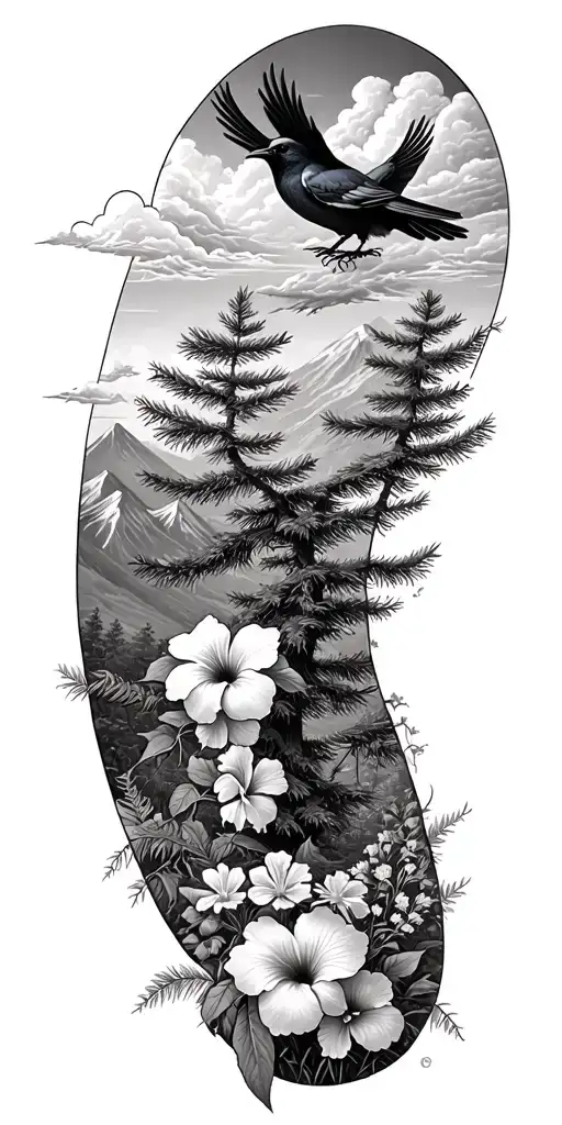 pine trees, hibiscus flowers,clouds, doves, crows, mountains, wildflowers tattoo design idea