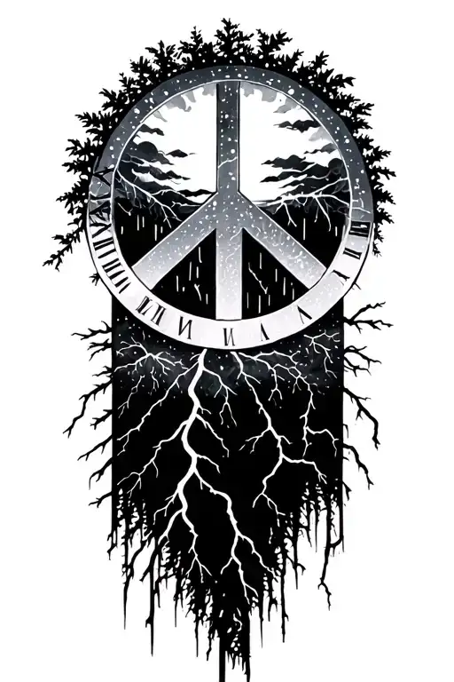 peace and lightining storm and time and nature tattoo design idea