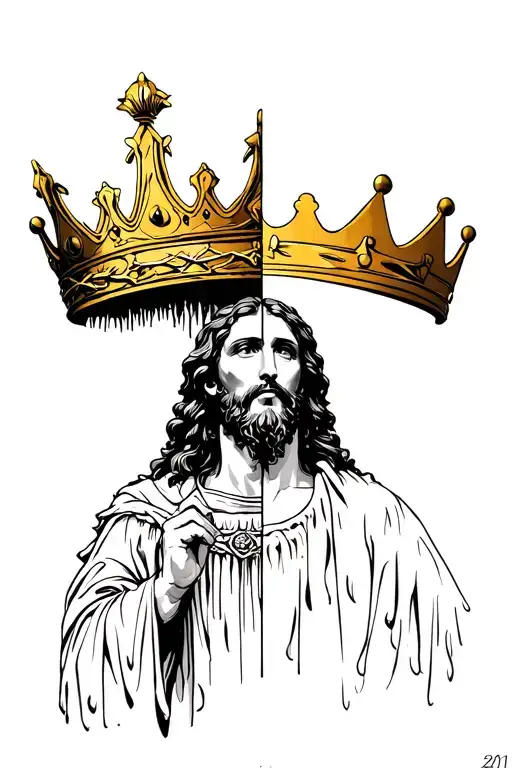 Jesus is king with a crown of gold on one side and the other having a crown of thorns tattoo design idea