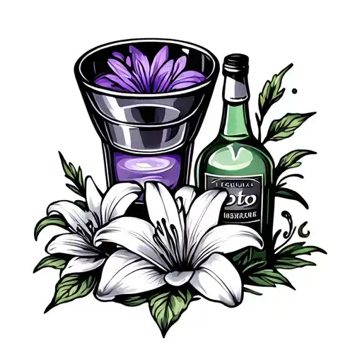 lily and violet flower, shot glass, tequila bottle, wash bowl, holiday house, bunk bed,  tattoo design idea