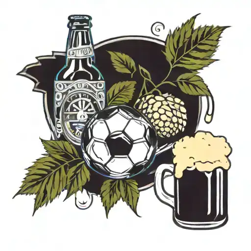 A soccer ball made of intricate hop vines and barley grains, surrounded by beer bottles tattoo design idea