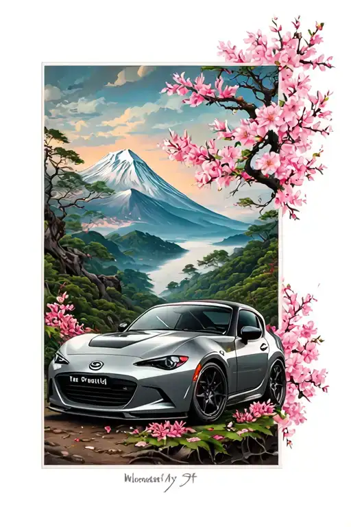 Tattoo sleeve with my My Miata with a mountain backround with Sakura flowers and wind filler tattoo design idea