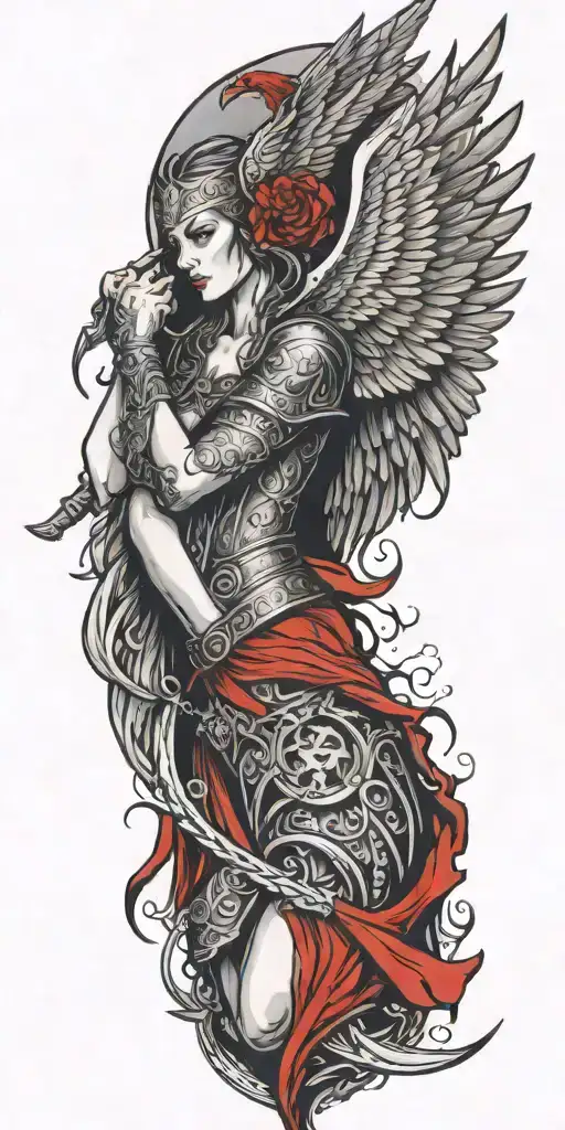 Craft a tattoo design of a Valkyrie with blood red wings, embodying the client's passion for both Viking mythology and vampire aesthetics tattoo design idea