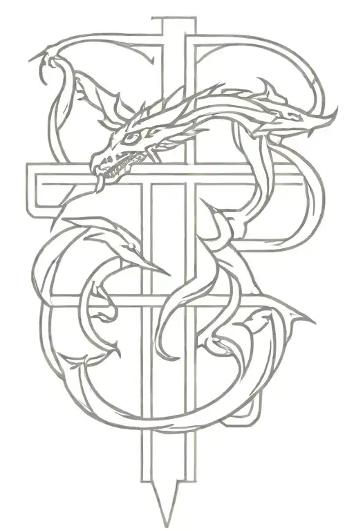 small cross with Aztec dragon wrapped tattoo design idea
