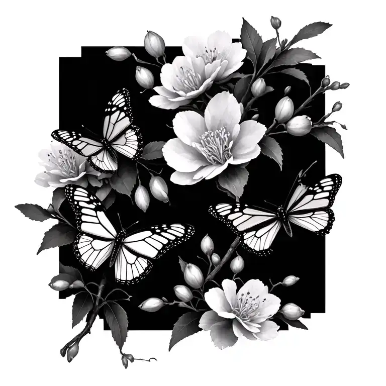 Japanese cherry blossoms with monarch butterflies tattoo design idea