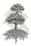 Sun, oak tree growing, missing puzzle pieces, footsteps, flying marguerite petals tattoo design idea