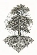 Sun, oak tree growing, missing puzzle pieces, footsteps, flying marguerite petals tattoo design idea