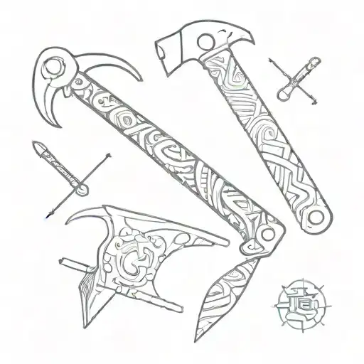 A minimalist representation of a carpenter's hammer and saw, with delicate Vietnamese patterns wrapping around the tools tattoo design idea