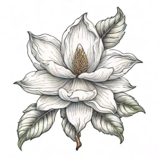 White mississippi Magnolia Flower with four leaves growing amidst tattoo design idea