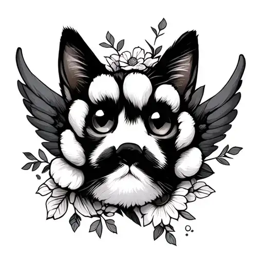 dog cat paws with flowers and wings  tattoo design idea