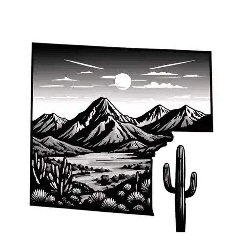 arizona state outline with mountains and cacti tattoo design idea