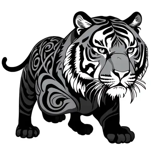 Thai traditional tattoo style crouching tiger, tribal blackwork design, symmetrical, spiritual, bold black lines, white  tattoo design idea