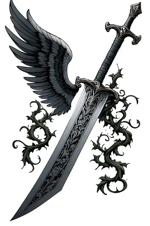 two handed long sword with wings coming off the hilt with vines twisting up the blade. simple design  tattoo design idea
