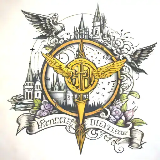 harry potter tattoo with the castle, the golden snitch, the deathly hallows and the spell expecto patronum all very detailed tattoo design idea
