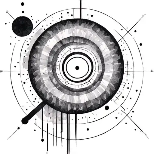 golden ratio spiral with a clear circle in the middle. Geometric shapes and dots dadiating outwards from the centre tattoo design idea