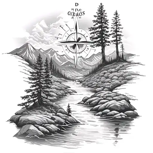 stream flowing with trees mountains inside compass tattoo design idea