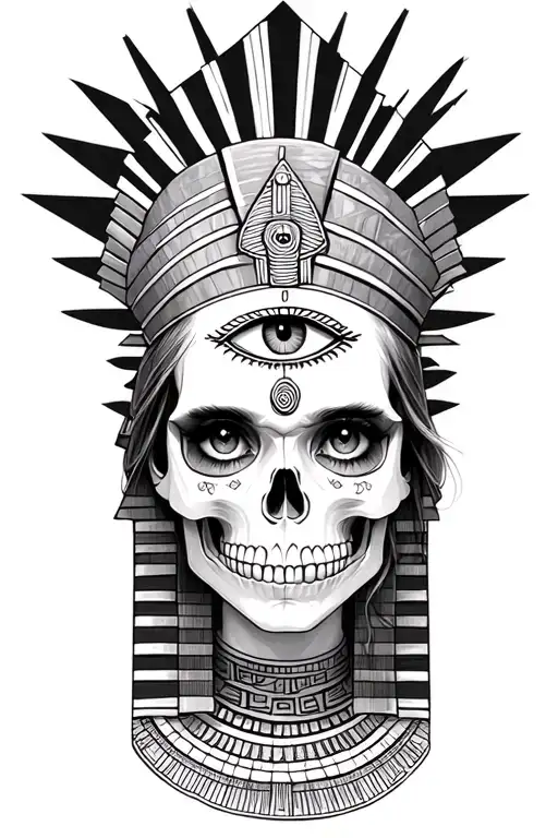  egyption style girl, skull background, pyramid, all seeing eye tattoo design idea