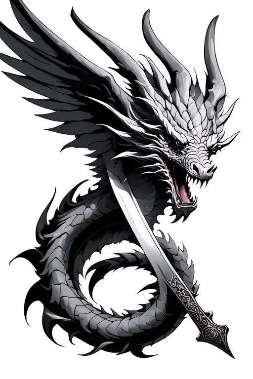 Image of the air dragon wrapping an open -wing medieval sword tattoo design idea