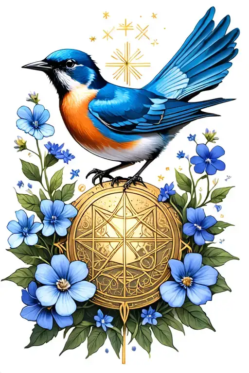 bluebird, forget me nots, pyramidal saxifrage, North Star, golden waddle, southern cross, Vegvísir, and Yggdrasil tattoo design idea