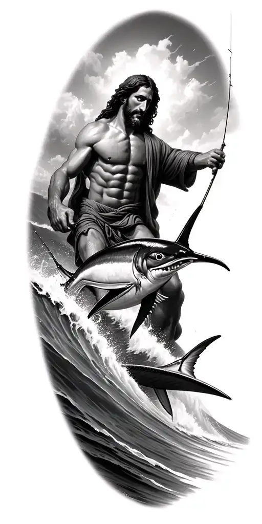 Jesus looking at me me surfing a wave and below the waters I fishing a marlin with appearance. in black and white tattoo design idea