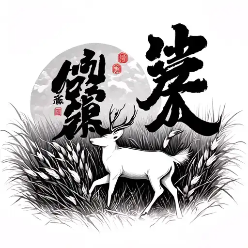 Japanese writing of Kintsugi hidden with a white tail deer walking through a tall field wheat grass Add in the Japanese tattoo design idea