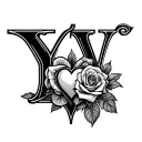 Use Roman or Greek font for the initials Y.V. and use rose and heart tattoo design idea
